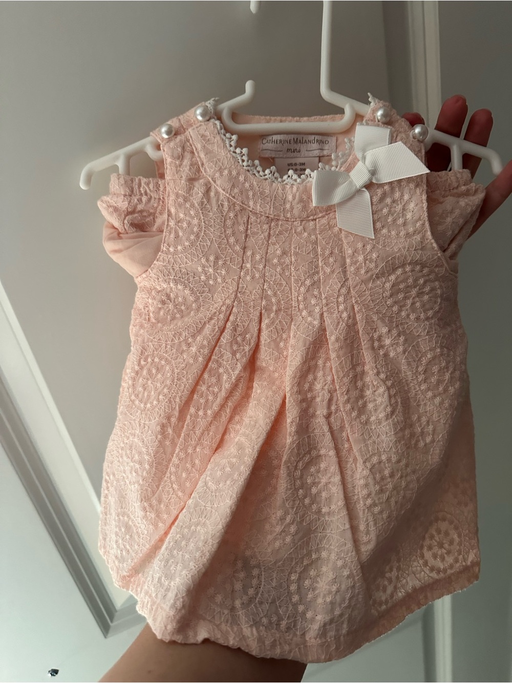 Catherine Malandrino Pale Pink Lace Baby Top with White Bow